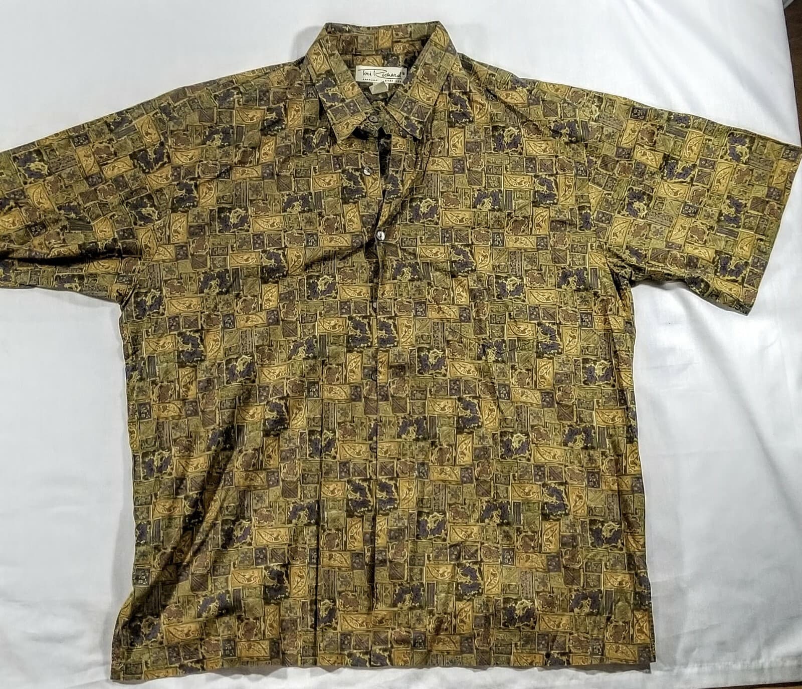 Vintage Tori Richard Cotton Lawn Mens Brown Earth Tones Hawaiian Shirt Large - Image 1