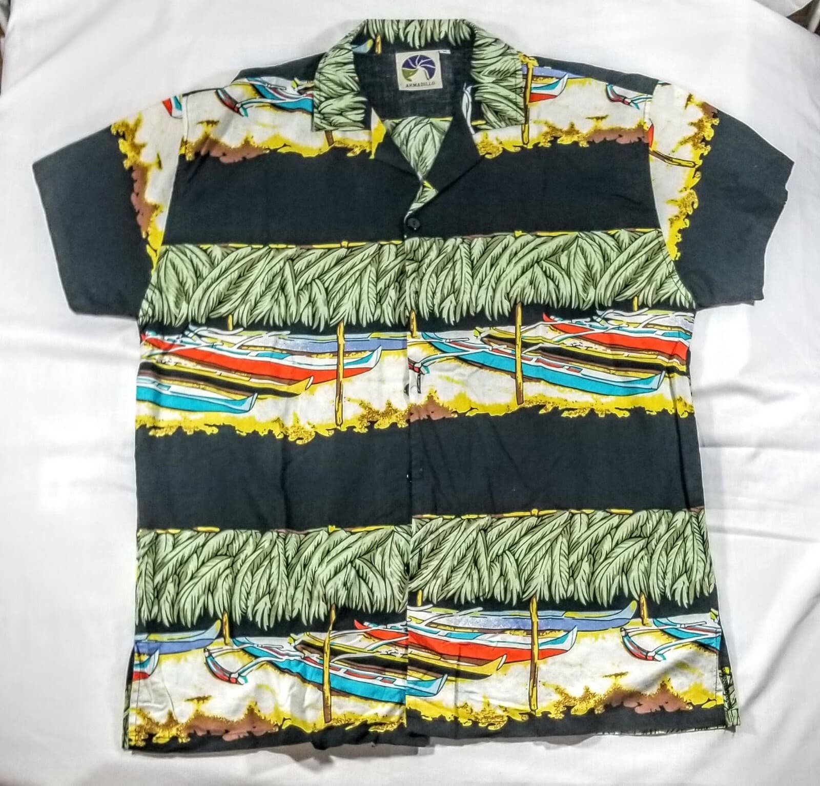Vintage Armadillo Cotton Hawaiian M Shirt Black Shore Palms Outrigger Canoes - Image 1