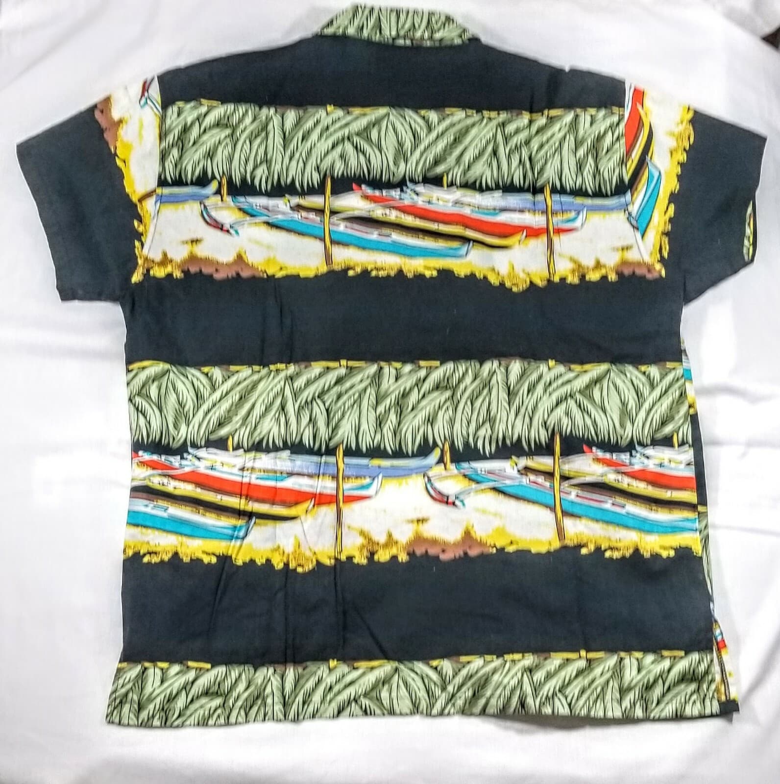 Vintage Armadillo Cotton Hawaiian M Shirt Black Shore Palms Outrigger Canoes - Thumbnail 2