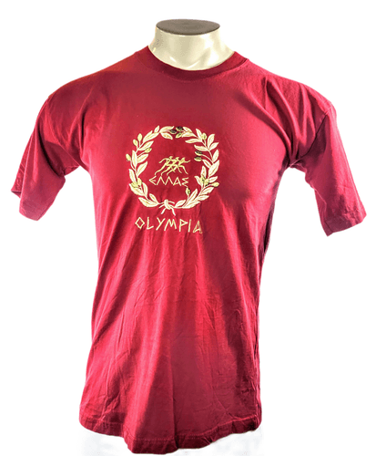 Olympia Greece T-Shirt Red with Gold Laurel & Runners Graphic (Size M) - Image 1