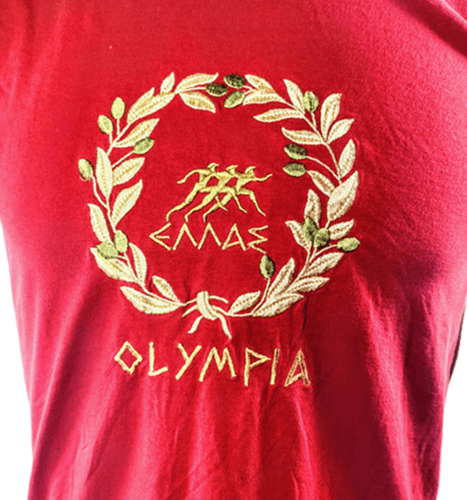 Olympia Greece T-Shirt Red with Gold Laurel & Runners Graphic (Size M) - Thumbnail 3