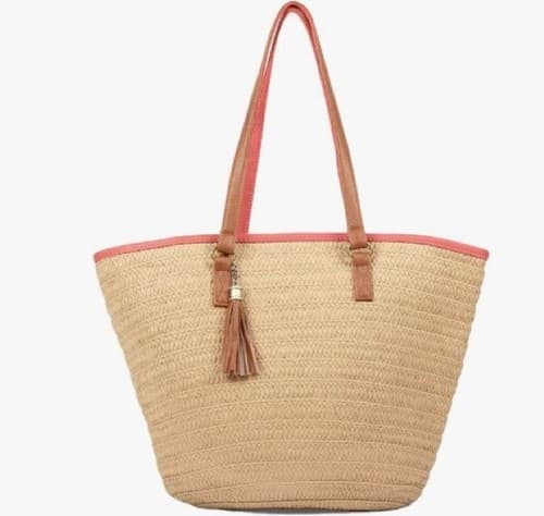 Boho Beach Life Woven Straw Tote Bag Purse Brown Leather Straps Coral Zip Top - Image 1
