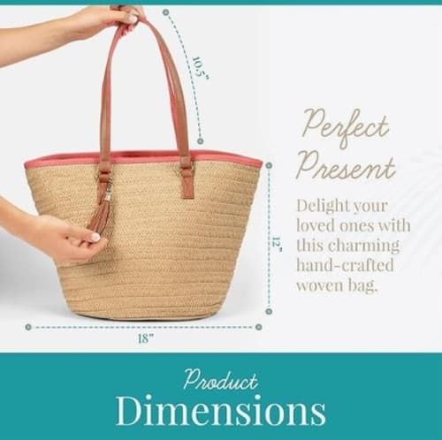 Boho Beach Life Woven Straw Tote Bag Purse Brown Leather Straps Coral Zip Top - Thumbnail 2