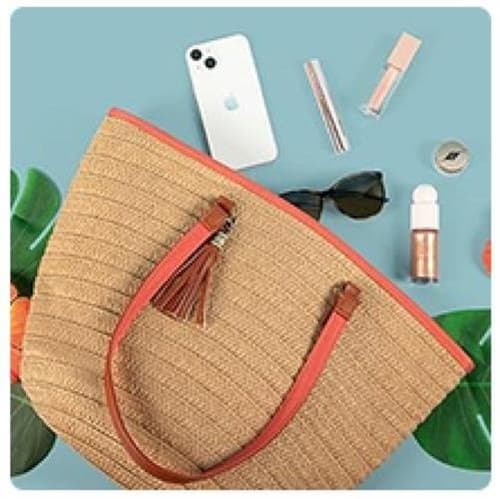 Boho Beach Life Woven Straw Tote Bag Purse Brown Leather Straps Coral Zip Top - Thumbnail 4