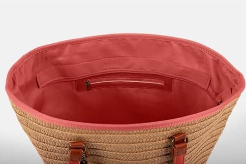 Boho Beach Life Woven Straw Tote Bag Purse Brown Leather Straps Coral Zip Top - Thumbnail 3