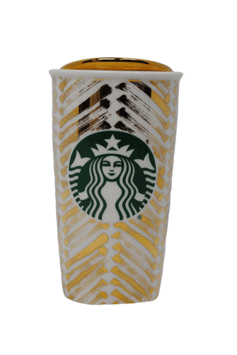 Starbucks Ceramic Tumbler Gold Pattern Coffee Cup w Gold Lid 12 oz - Image 1