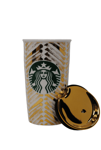 Starbucks Ceramic Tumbler Gold Pattern Coffee Cup w Gold Lid 12 oz - Thumbnail 2