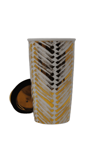 Starbucks Ceramic Tumbler Gold Pattern Coffee Cup w Gold Lid 12 oz - Thumbnail 3