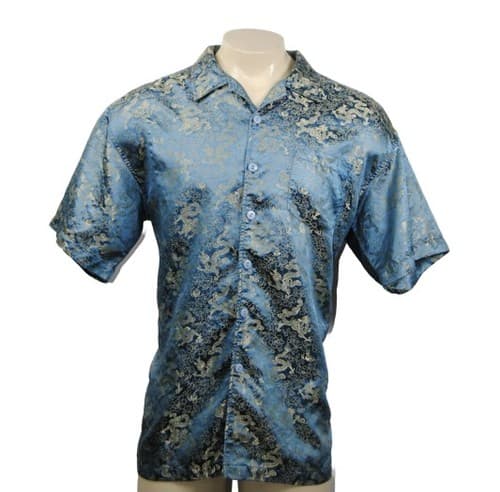 ODO Teal Blue Dragon Shirt Mens XL Silk Look Button Up Jacquard Short Sleeve - Image 1
