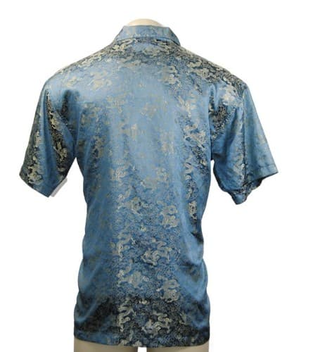 ODO Teal Blue Dragon Shirt Mens XL Silk Look Button Up Jacquard Short Sleeve - Thumbnail 3