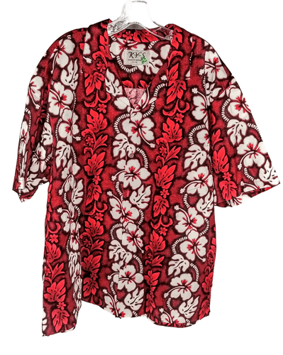 KY’s Aloha Shirt Red & White Hibiscus Floral Print (Men’s 2XL) - Image 1