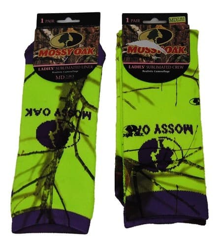 Mossy Oak Womens Socks MD 2 Pair Camo Crew Liner Neon Green Hunting Outdoor New - Image 1