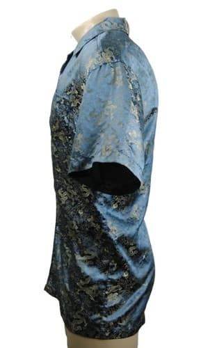 ODO Teal Blue Dragon Shirt Mens XL Silk Look Button Up Jacquard Short Sleeve - Thumbnail 2