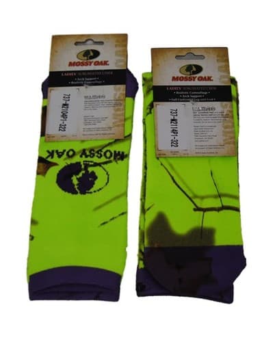 Mossy Oak Womens Socks MD 2 Pair Camo Crew Liner Neon Green Hunting Outdoor New - Thumbnail 3