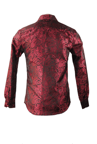 DiBanGu Mens Red Paisley Dress Shirt Small Long Sleeve Satin Floral Button Up - Thumbnail 3
