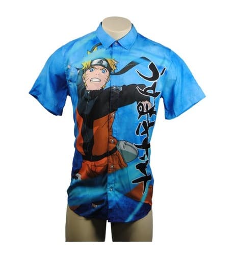 Naruto Shippuden Anime Button Up Shirt Hot Topic Mens Medium Blue Graphic Manga - Image 1