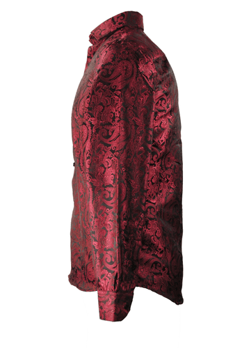 DiBanGu Mens Red Paisley Dress Shirt Small Long Sleeve Satin Floral Button Up - Thumbnail 2