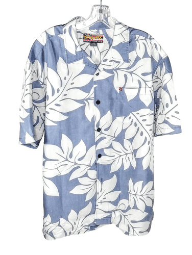QuickSilver Hawaiian Shirt – Blue & White Tropical Leaf Print LARGE - Image 1