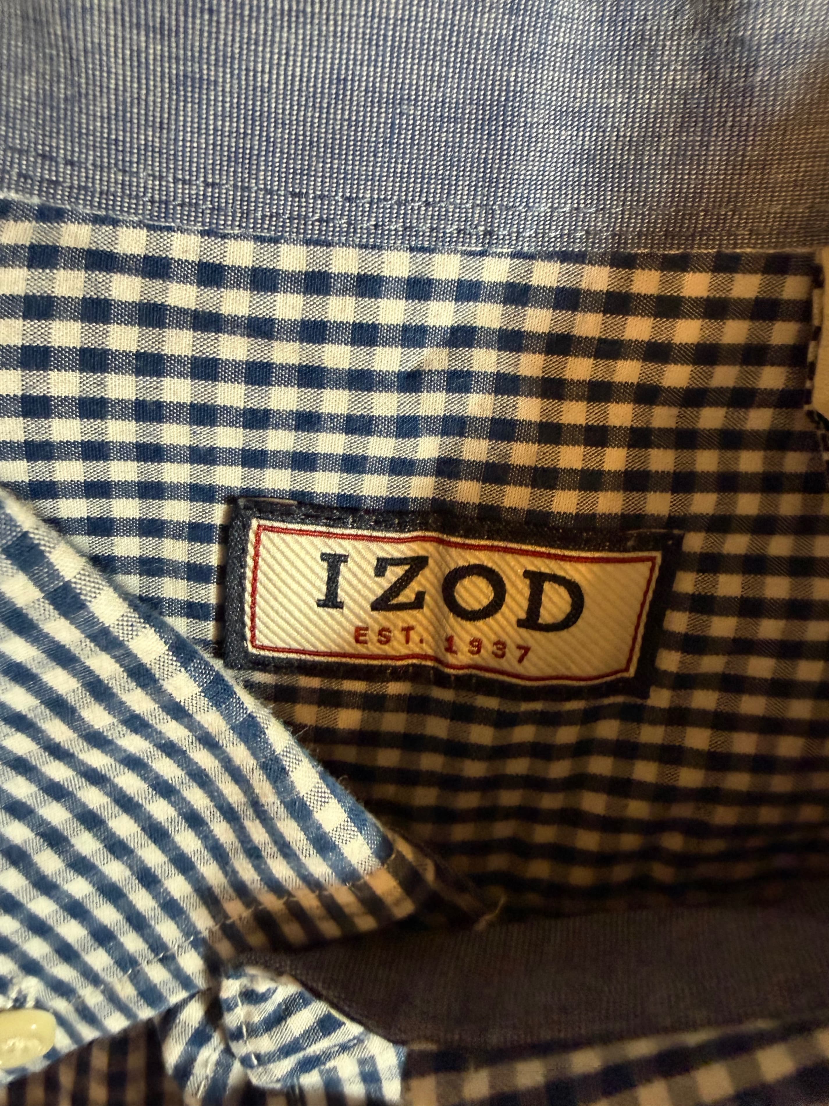 IZOD Men's XXL Blue Gingham Button-Down Shirt Cotton - Thumbnail 3