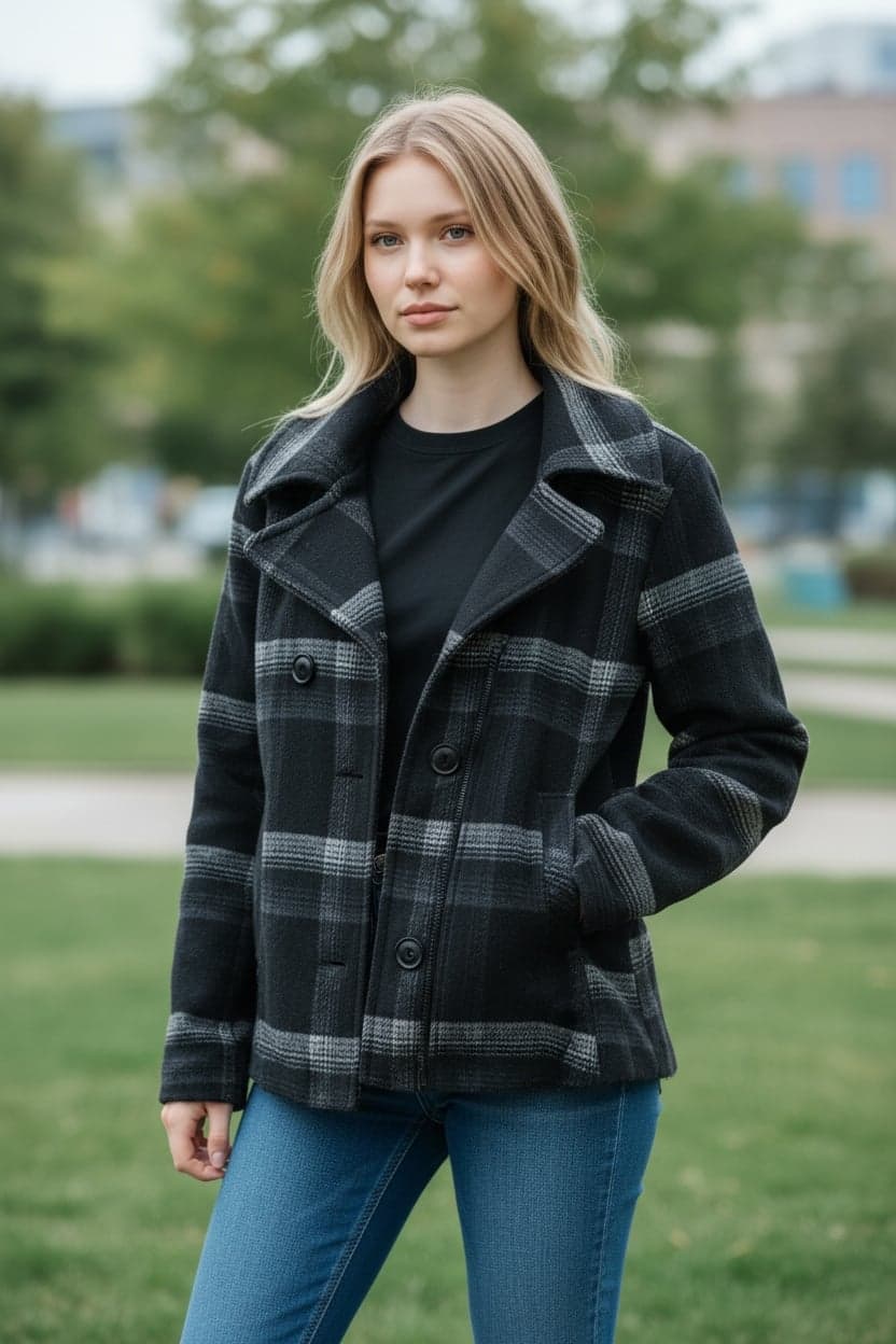 Urban Republic Black and Grey Plaid Double-Breasted Peacoat Jacket - Thumbnail 2