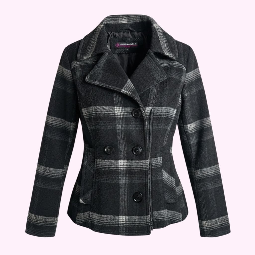 Urban Republic Black and Grey Plaid Double-Breasted Peacoat Jacket - Image 1