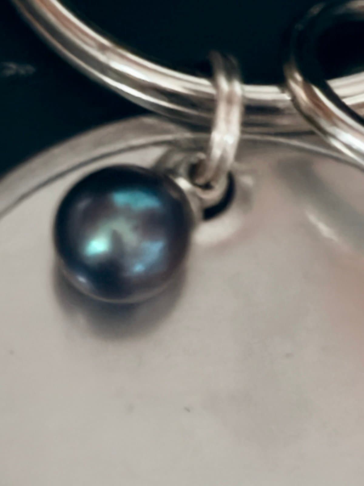 Silver Dog Tag Keychain with blue pearl - Thumbnail 3
