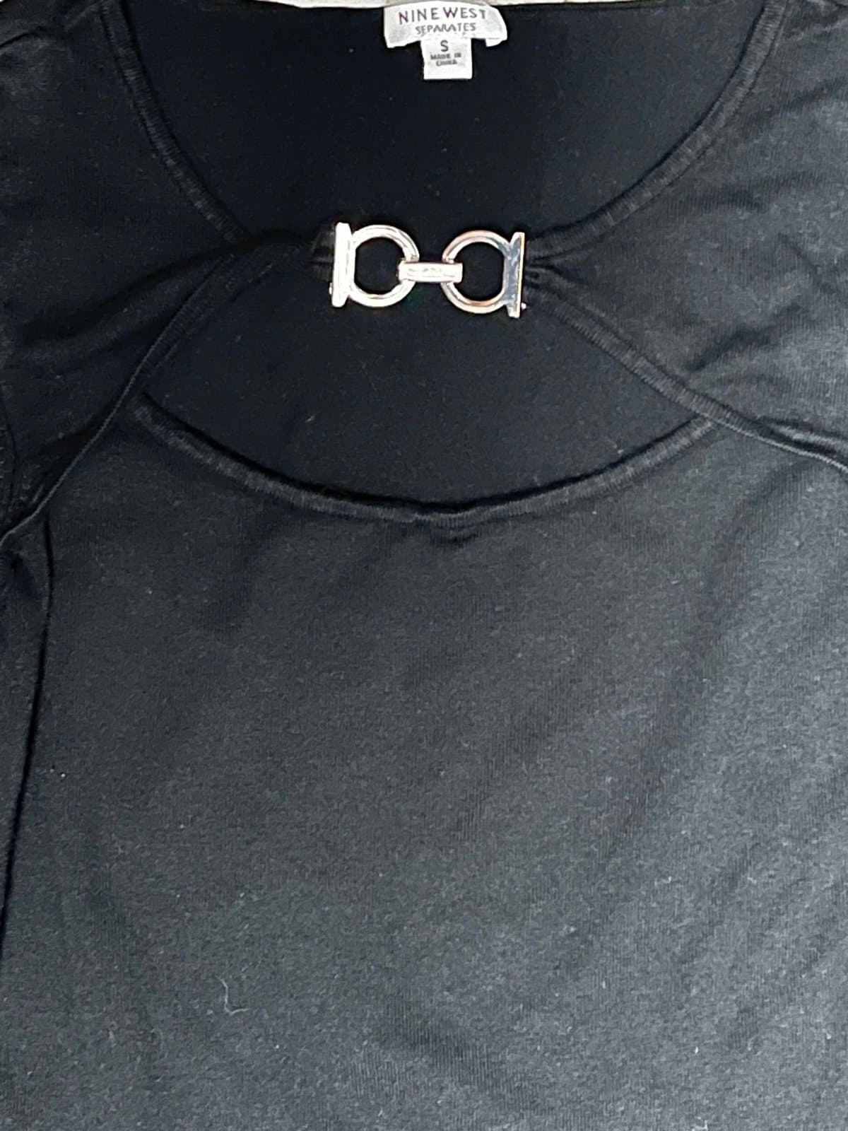 Nine West 3/4 sleeve, Form fitting black top, has clasp on the chest area, SM - Thumbnail 2