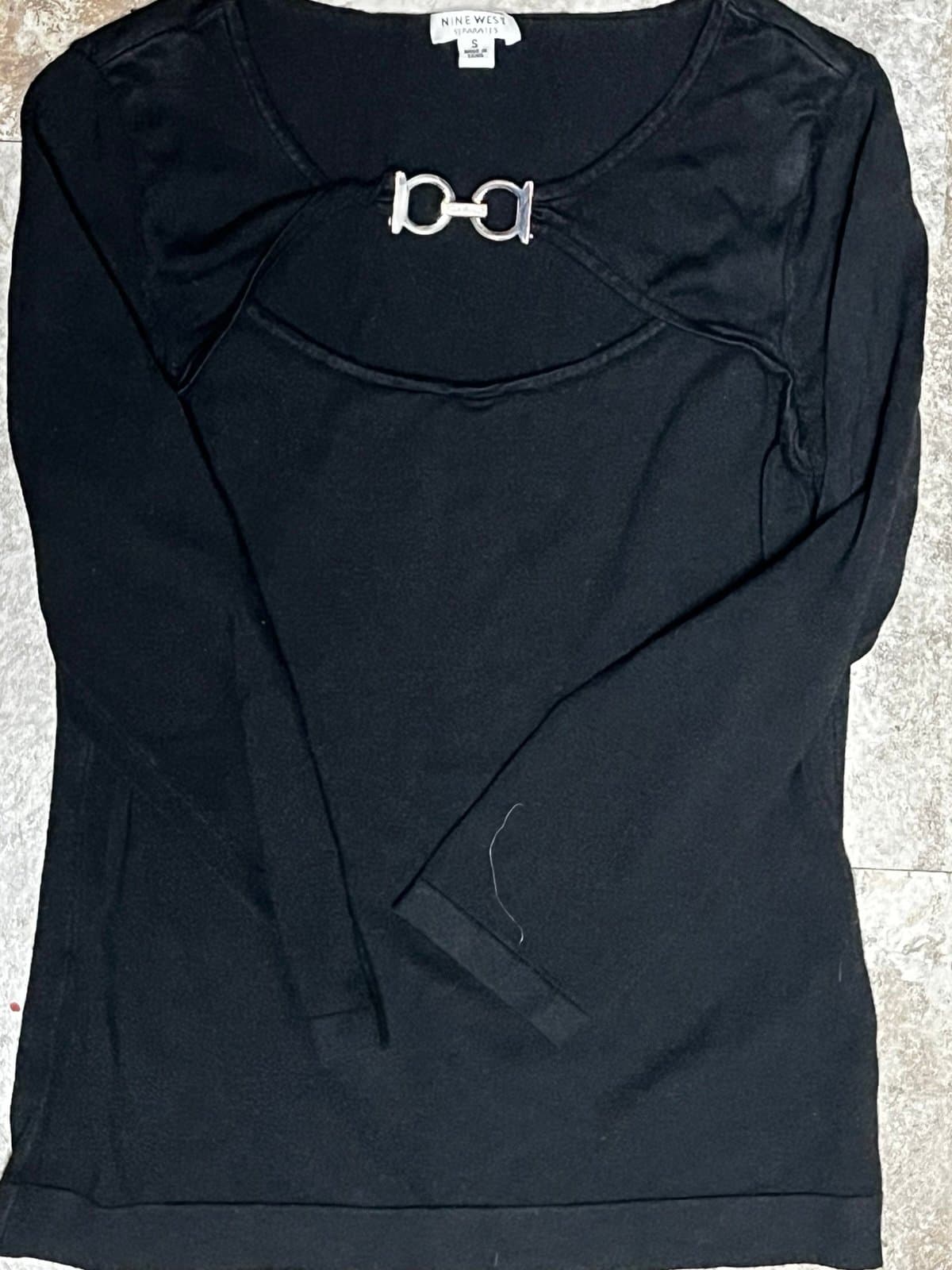 Nine West 3/4 sleeve, Form fitting black top, has clasp on the chest area, SM - Image 1