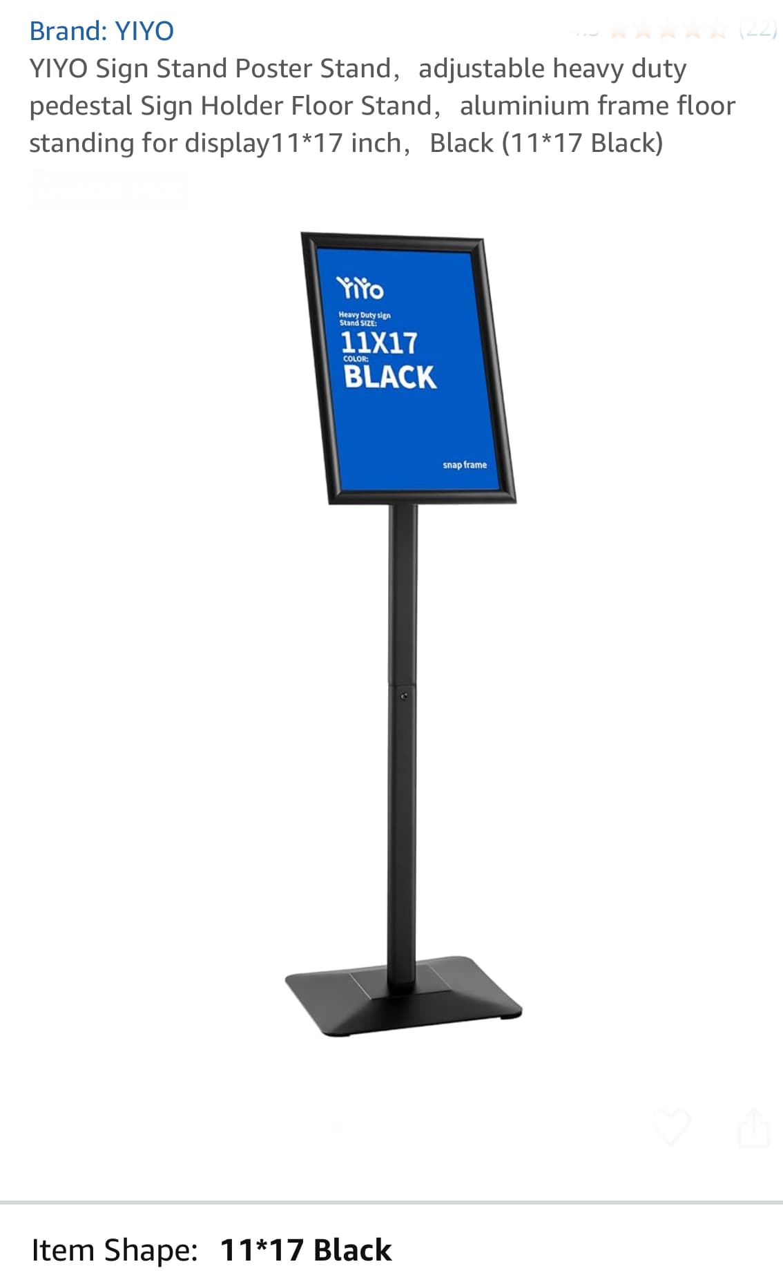 YIYO Adjustable Sign Holder Floor Stand 11x17 Black - Image 1
