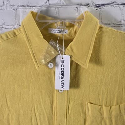 COOFANDY Men's Medium Yellow Linen Short Sleeve Button Up Shirt - Thumbnail 2