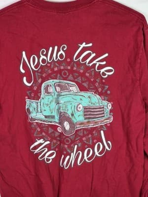 Girlie Girl " Jesus Takes The Wheel" Women's Medium Red "Long Sleeve T-Shirt - Thumbnail 7