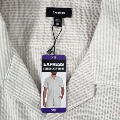 NWT Express Mens XXL Tan With White Stripes Seersucker Short Sleeve Shirt - Thumbnail 2