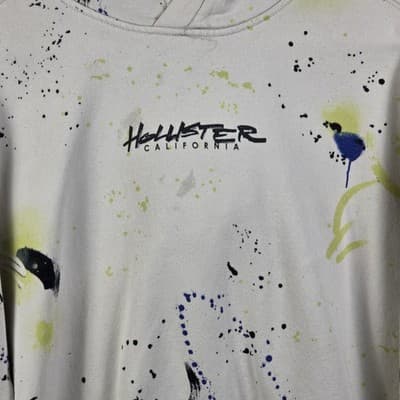 Hollister Men's Medium White Paint Splatter Streetwear Hoodie - Thumbnail 2