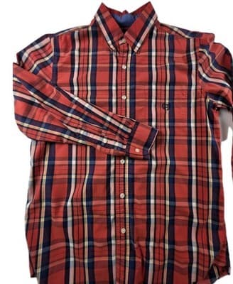 Chaps Men's Large Stretch Orange Striped Plaid Long Sleeve Button Up Shirt - Image 1