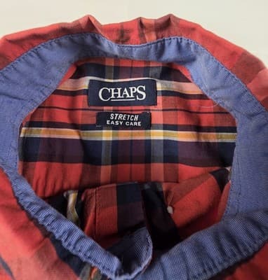 Chaps Men's Large Stretch Orange Striped Plaid Long Sleeve Button Up Shirt - Thumbnail 5