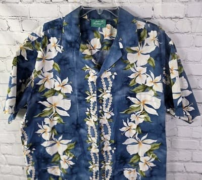 Jade Fashions Men's Large Hawaiian Tan and Blue S/S Button Down Shirt - Thumbnail 2