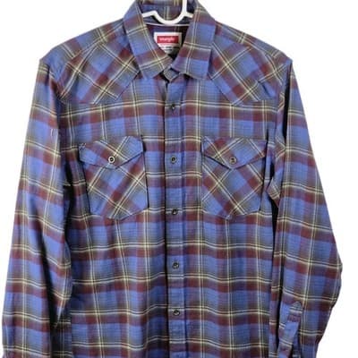 Wrangler Men's Small Blue Plaid Metal Button's Long Sleeve Flannel Shirt - Thumbnail 2