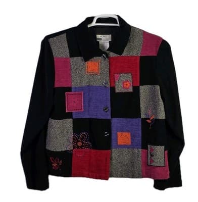 Koret Petites Women's Medium Black Red Patchwork Squares Jacket *Sample Model* - Image 1