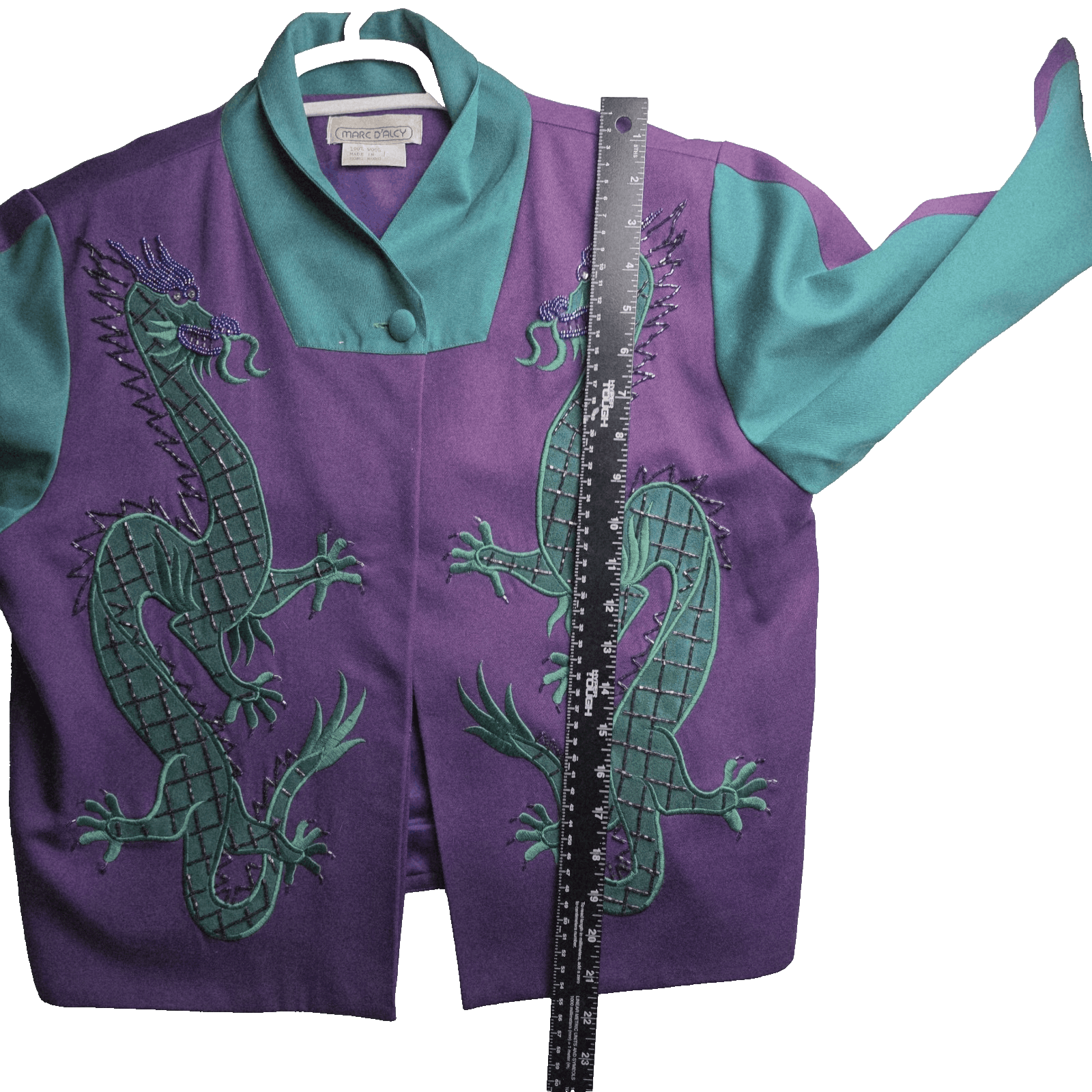 Marc D'Arc Women' Size 10 Teal Wool Embroidered Floral Beaded Lined Blazer - Thumbnail 9