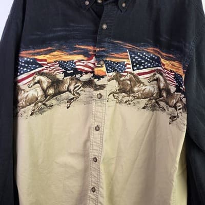 Bit & Bridle Men's Large Black " American Flag & Horses " Western Button Down - Thumbnail 2