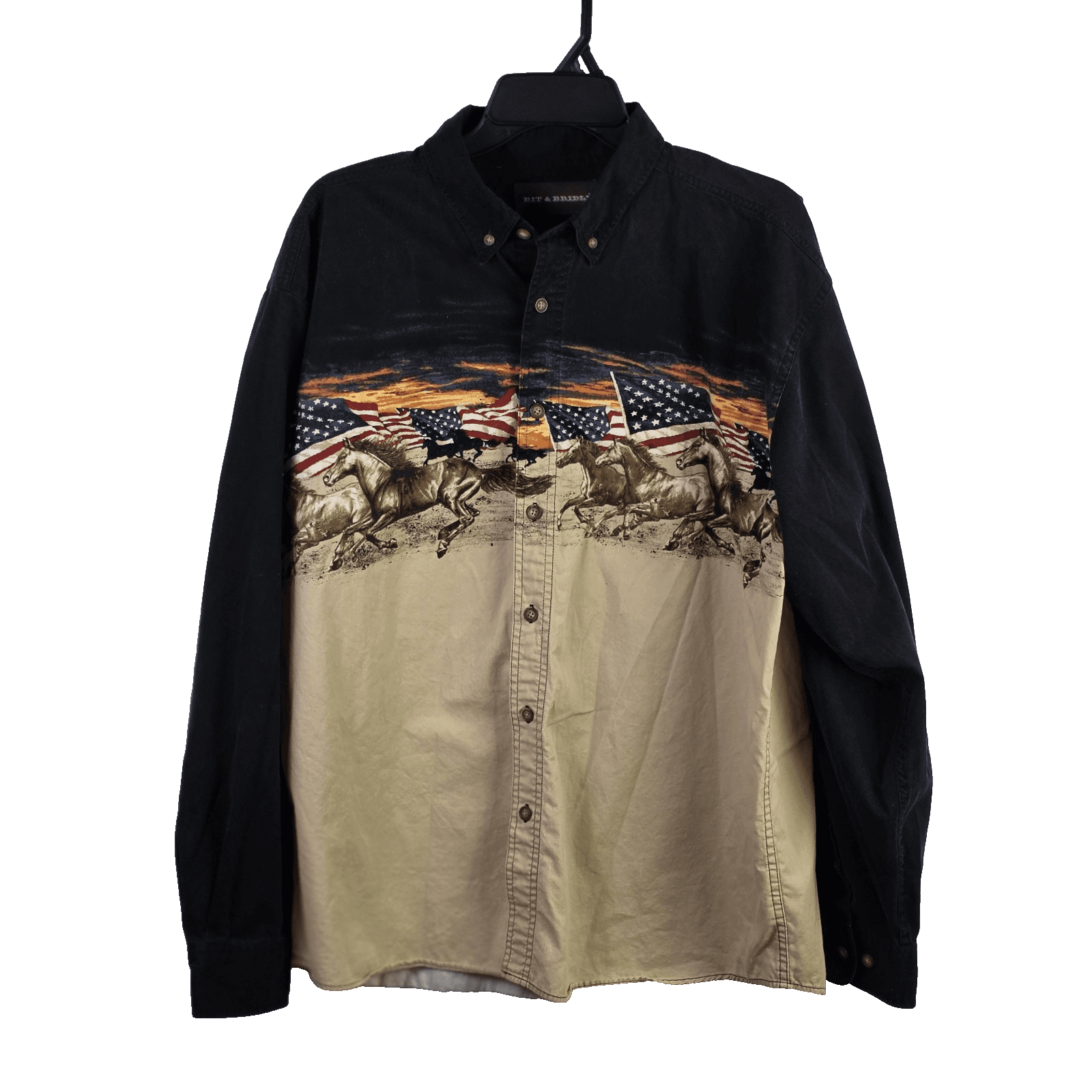Bit & Bridle Men's Large Black " American Flag & Horses " Western Button Down - Image 1