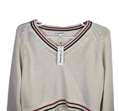 NWT The Drop Women's Large White W/ Red V-Neck Sweater - Thumbnail 2