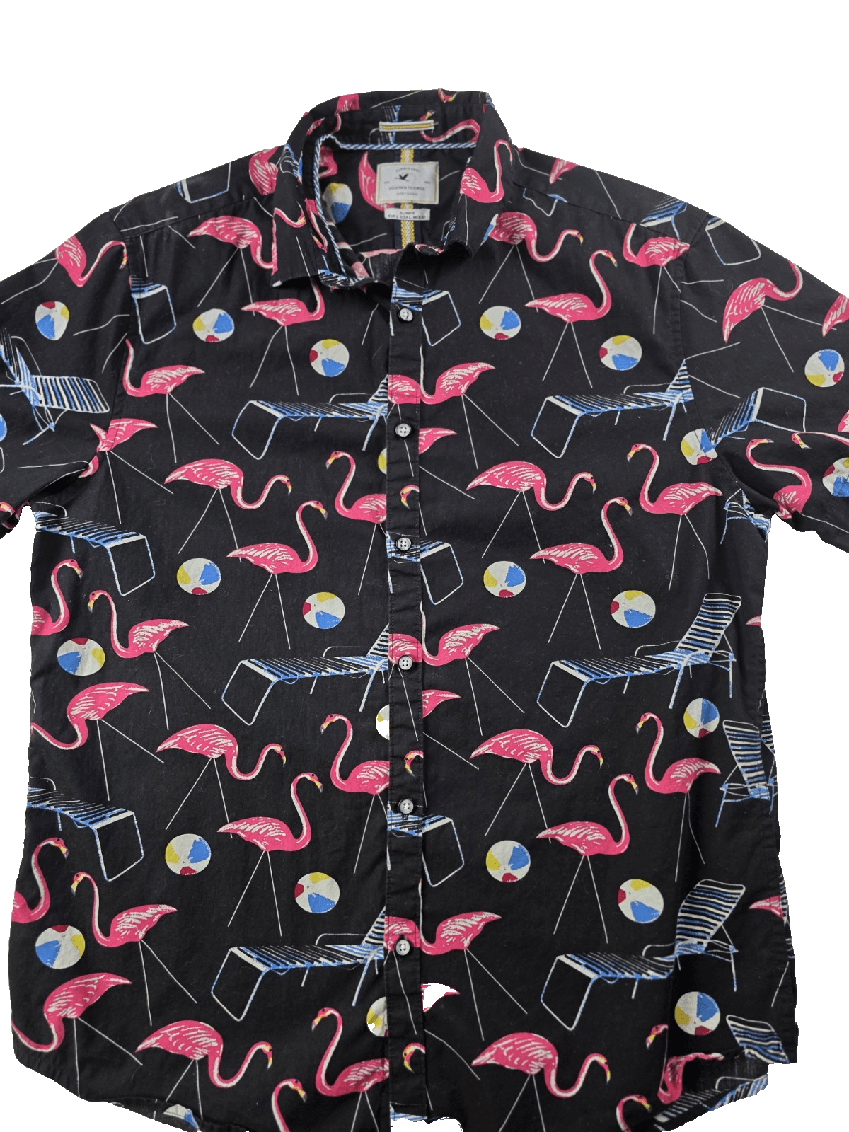 Denim and Flowers Men's Large Slim Fit Flamingo Beach Short Sleeve Shirt - Image 1