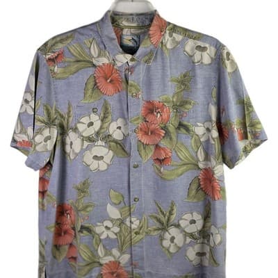 Tommy Bahama Shirt Mens XL Blue Floral Print Vintage Island Modern Fit Silk - Image 1