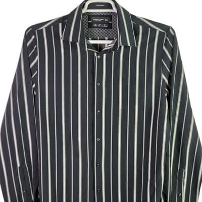 Denim and Flowers Men's Large Black W/White Stripes Button Down Shirt - Thumbnail 2