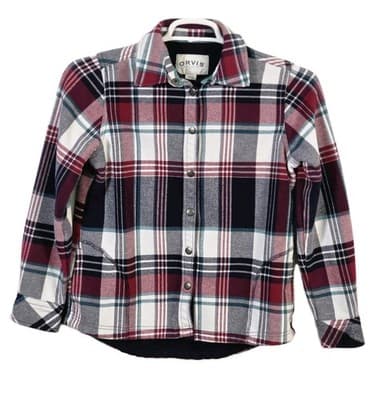 Orvis Women's Small Red Navy White Plaid Flannel Snap Button Shirt Jacket - Thumbnail 3