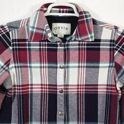 Orvis Women's Small Red Navy White Plaid Flannel Snap Button Shirt Jacket - Thumbnail 2