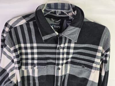 NWT Chaps Men's XL Black & White Checkered Fleece Long Sleeve Button Down Shirt - Thumbnail 2