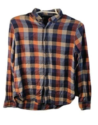 Denim & Flower Ricky Singh Men’s Medium Orange Plaid Flannel Shirt * Flawed * - Image 1
