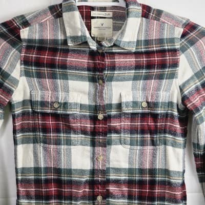 American Eagle Outfitters Women's XS Red & Green Plaid Flannel Long Sleeve Shirt - Thumbnail 2